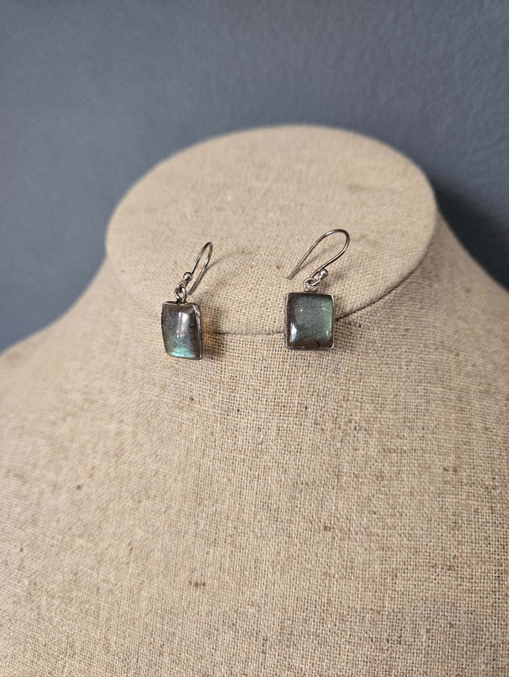 Blue/Green Labradorite And Sterling Silver Rectangle Dangle Earrings